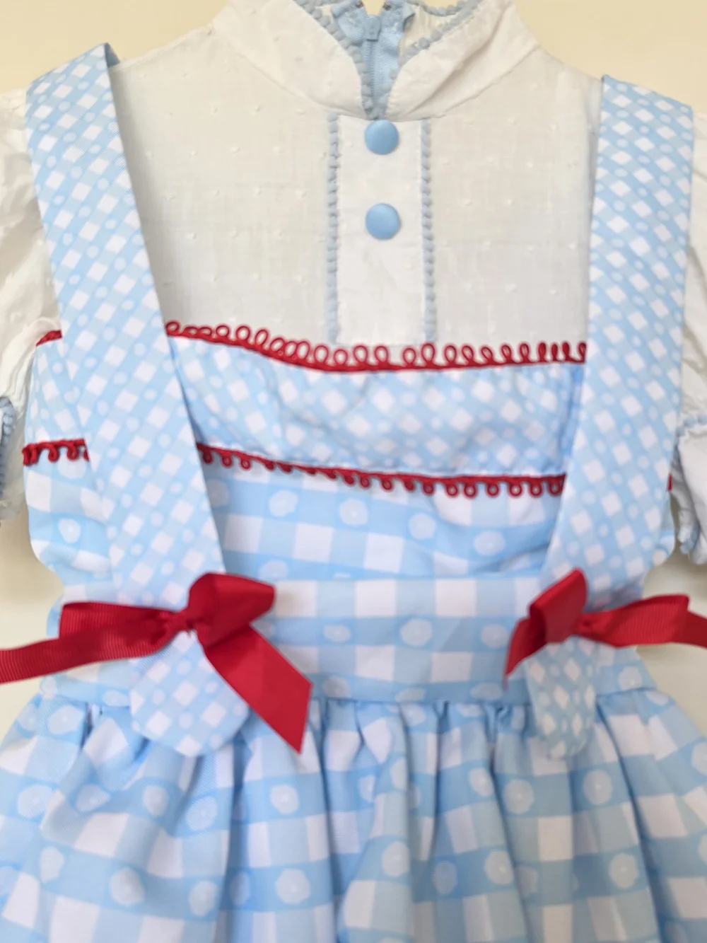 Children's Light Blue Gingham Costume Dress with Red Bow Accents